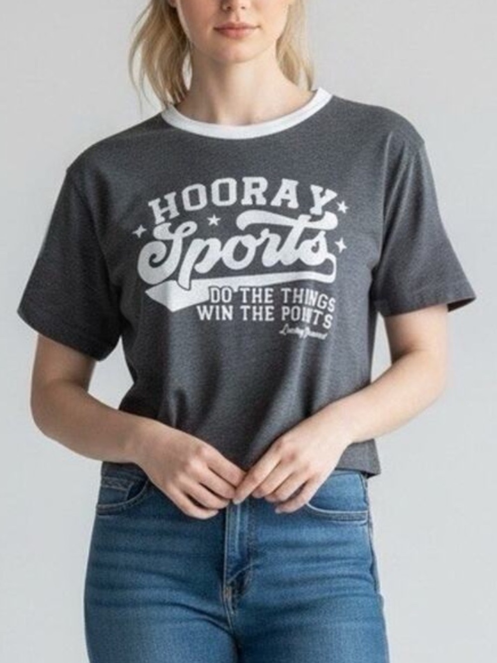 Lucky Brand Womn M Hooray Sports Short Sleeve Cropped Ringer Graphic T-Shirt NWT